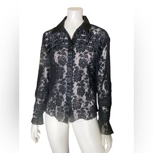 Black lace & satin button down long sleeve, ruffled, size XL